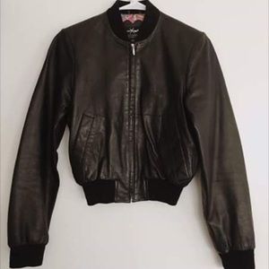 Black leather cropped bomber/aviator jacket